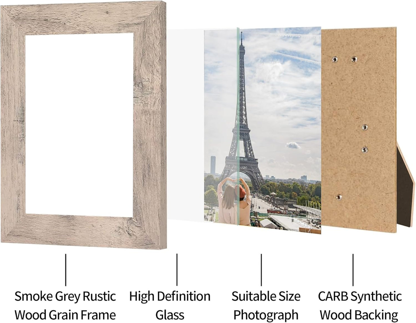 iRahmen 4x6 Picture Frame Set of 4, High Definition Real Glass Smoke Gray Frame, 4 x 6 Wood Photo Frames for Tabletop Display and Wall Mounting