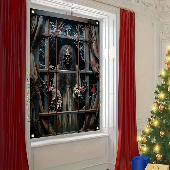 Window Cover Halloween 47x31 Inch Scary Skeleton Ghost Bloody Handprint Banner Creepy Window Decoration for Haunted House Indoor Outdoor Poster Porch Decor