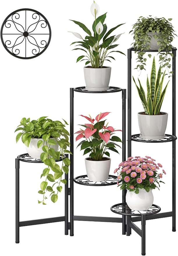 6 Tier Large Plant Stand Indoor with 7.9-Inch Wide Drainage Tray, Tiered Corner Metal Outdoor Flower Display Holder Shelf, Folding Tall Rack for House Patio Porch Balcony Graden - BlackS