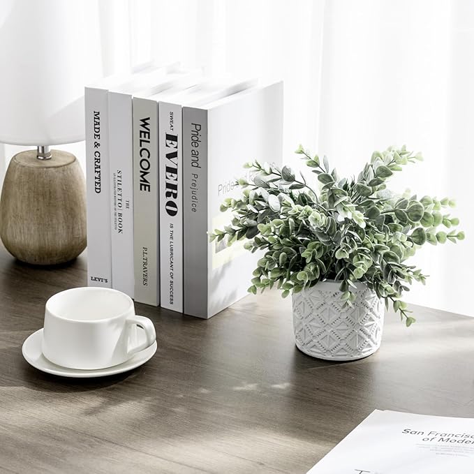 MyGift Artificial Eucalyptus Plant in Modern Gray Concrete Pots with Geometric Embossed Pattern (1, White)