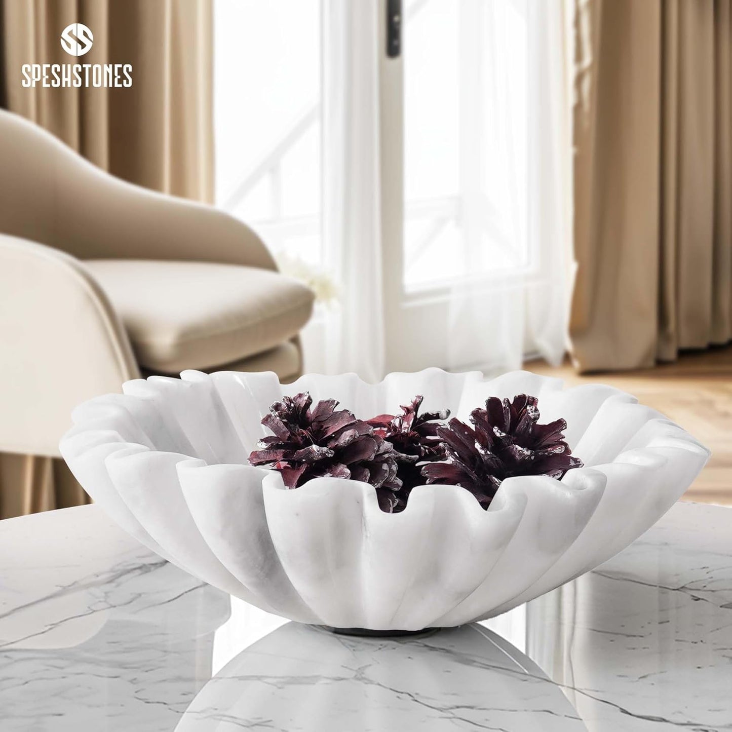 Marble Ruffle Bowl 8 Inch Handmade White Large Decorative Bowls for Home Decor - Scalloped Fruit Bowl for Kitchen Counter, Fluted Bowls for Housewarming Gifts & Coffee Table Decor