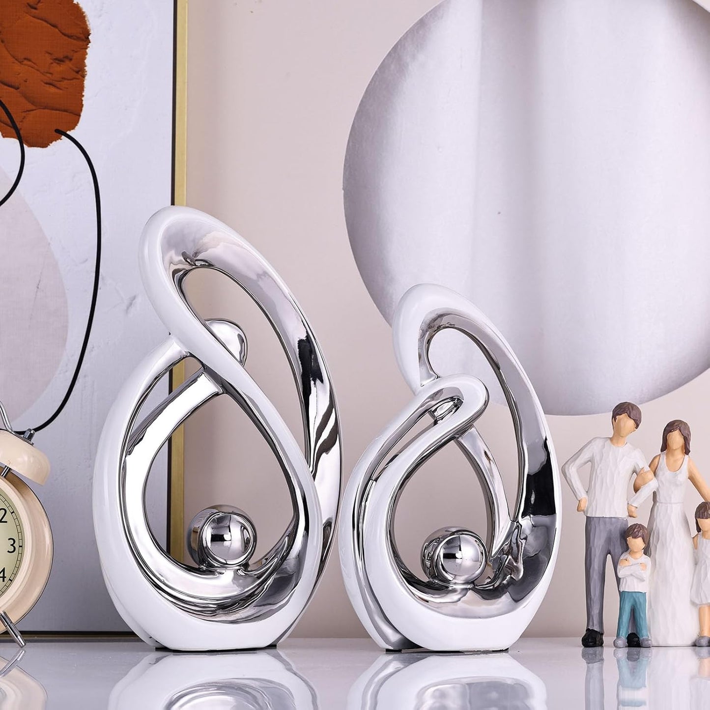 Home Decor Accent,Porcelain Art Mid Century Bookshelf Decorations,Gold Centerpieces for Tables,Abstract Ceramic Statue Sculpture for Coffee Table Mantel Tv Stand Centerpieces (White Silver, Large)