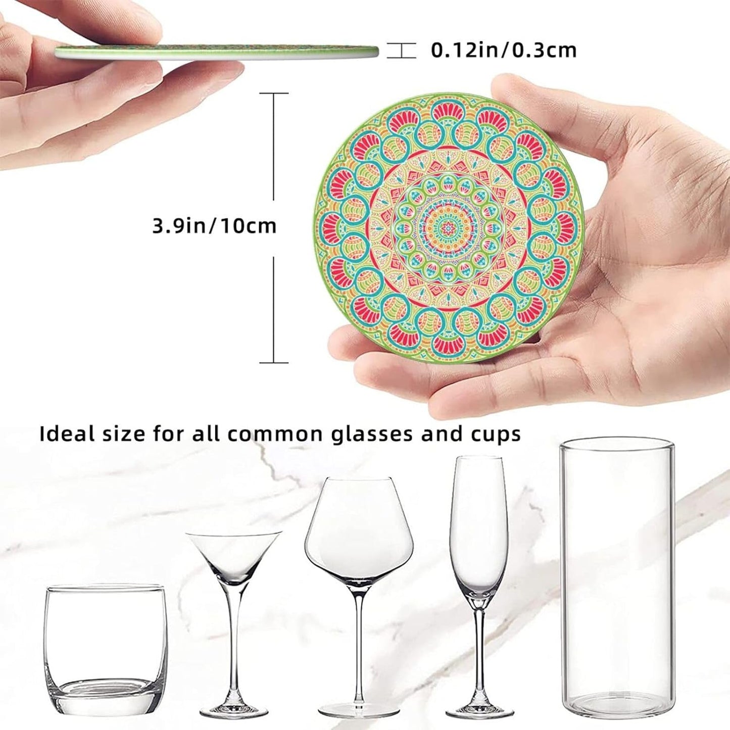 Colorful Mandala Leather Drink Coasters Set of 6 with Holder Round Cup Coaster for Table Decor