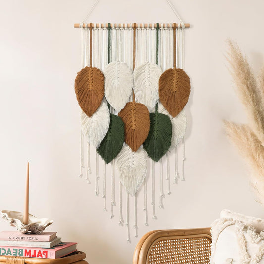 KHOYIME Macrame Wall Hanging Leaves Woven Tapestry, Boho Chic Home Decor Modern Bohemian Handmade Leaf Feather Wall Art Decorations for Apartment Dorm Living Room Bedroom Nursery Backdrop 16.5"x29.5"