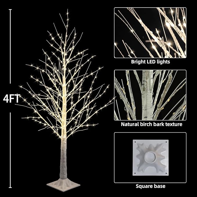 2pack 4FT 240 LED Christmas Birch Tree Warm White Lights with Twinkle Lights, LED Lighted Birch Tree for Indoor Outdoor Christmas Tree Decorations