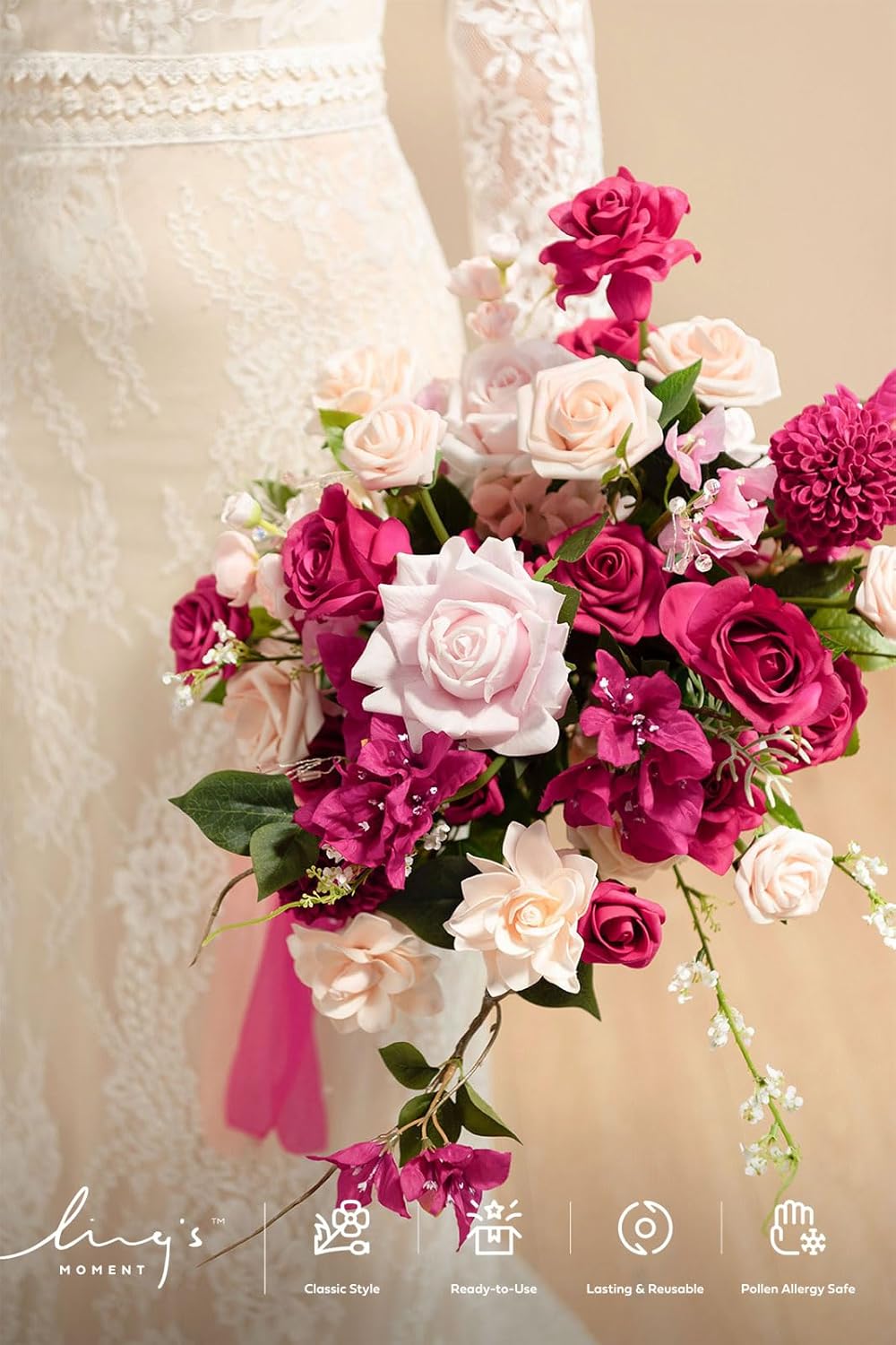 Ling's moment Blush Pink Wedding Bouquets for Bride, Dusty Rose Bridal Bouquets for Bride, 13 Inch Free Form Artificial Wedding Flower Bouquet