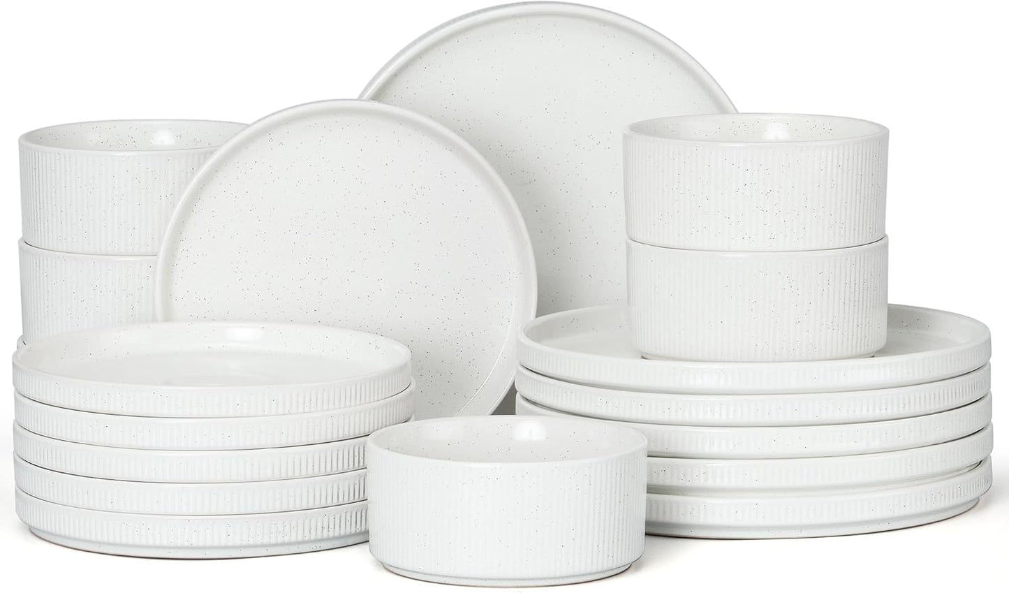 E-far Stoneware Dinnerware Sets, 18-Pieces Modern Plates and Bowls Sets, Kitchen Dinning Porcelain Dishes Set for 6, Chip & Scratch Resistant, Dishwasher & Microwave Safe, Speckled White