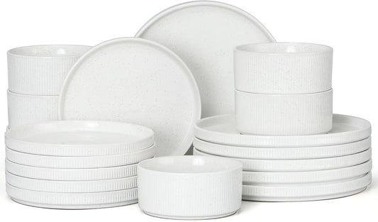 E-far Stoneware Dinnerware Sets, 18-Pieces Modern Plates and Bowls Sets, Kitchen Dinning Porcelain Dishes Set for 6, Chip & Scratch Resistant, Dishwasher & Microwave Safe, Speckled White