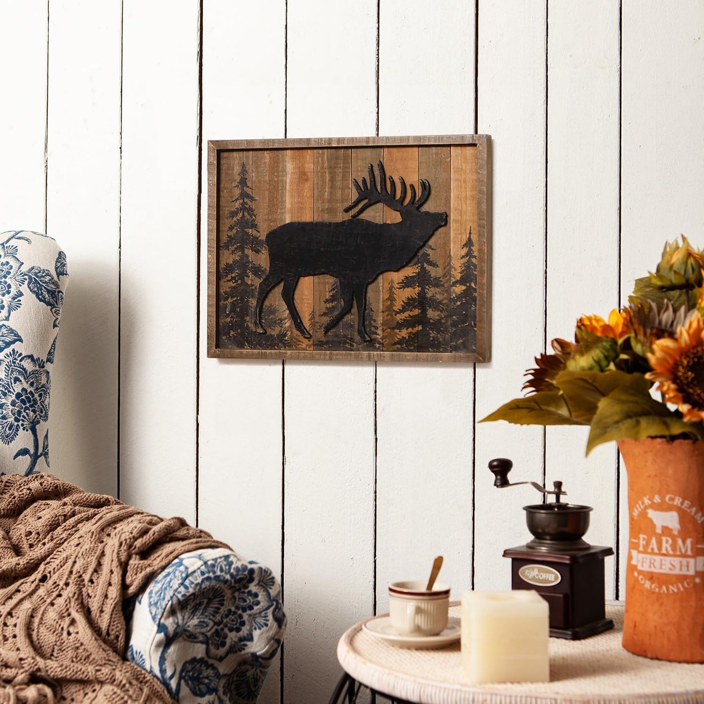 NIKKY HOME Deer Cabin Wall Decor, 3D Elk Rustic Wood Forest Mountain Woodland Wildlife Lodge Animal Picture Art Bathroom Decor, 16 x 12 Inches