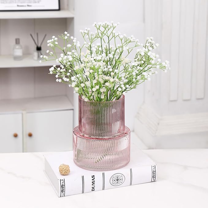 Pink Glass Vase, Ribbed Glass Vase for Tulips, Flower Vases for Bouquet, Pink Modern Vases for Living Room, Dining Table, Entryway, Mantle, Shelf, Wedding, Office, 7.5 Inches