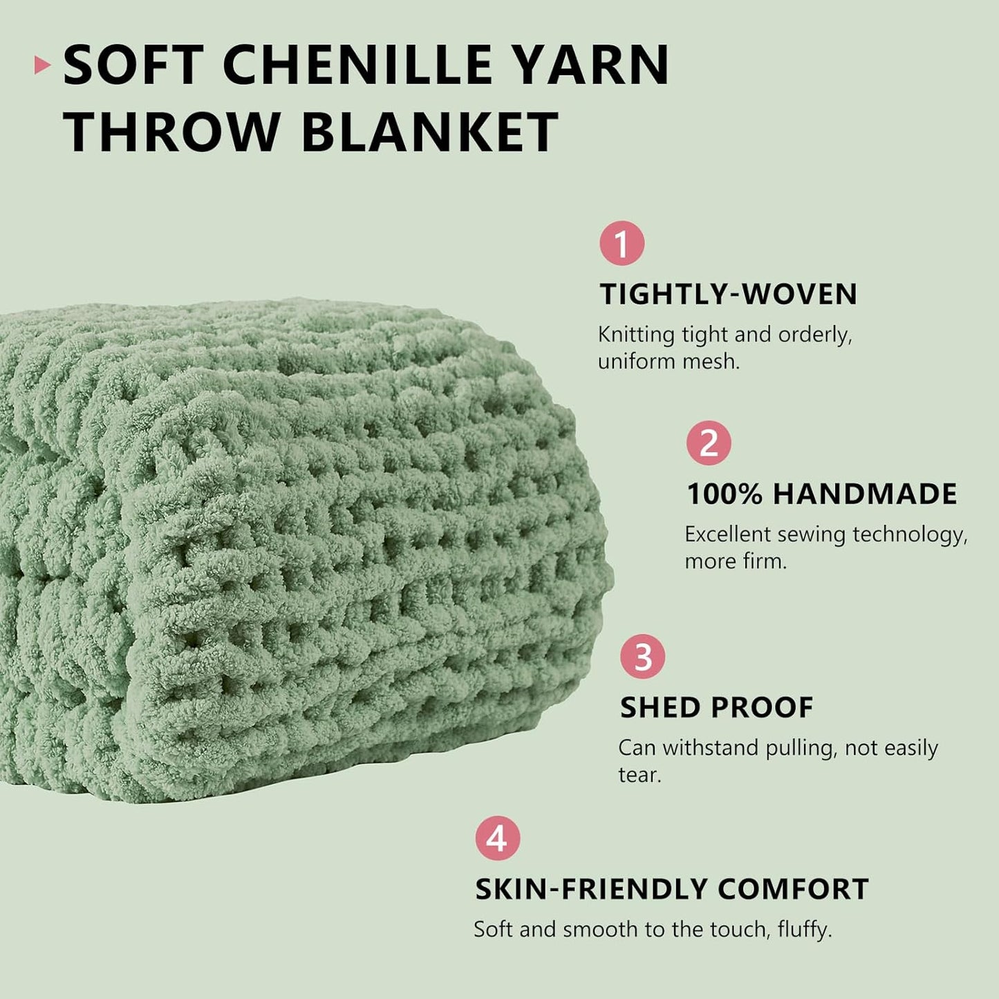L'AGRATY Chunky Knit Blanket Throw: 72''x84'' Chenille Chunky Knitted Throw Blanket for Bed Couch - Handmade Thick Big Cable Knit Blanket - Large Chunky Crochet Blanket for Home Decor(Sage Green)