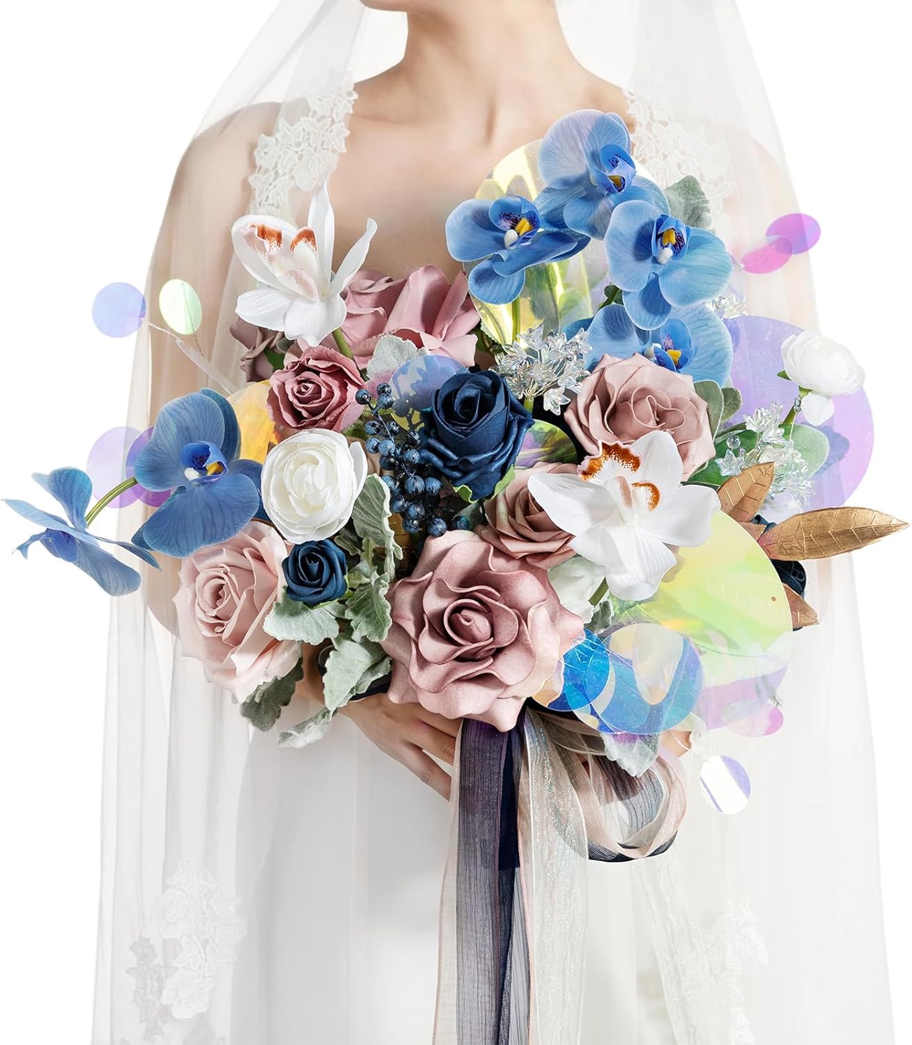 Ling's moment Pink Navy Bridal Bouquet, Dusty Rose Blue Wedding Bouquets for Bride, 15 Inch Silk Free Form Artificial Wedding Flower Bouquet