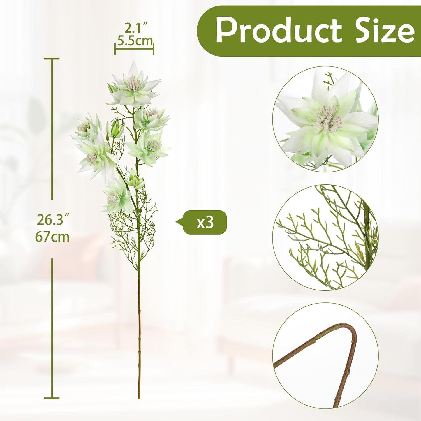 Hollyone 3Pcs White Artificial Flowers Silk 26.3" Fake Protea Flower with Long Stem Faux Flowers Arrangement Branch with 6 Heads for DIY Wedding Party Centerpiece Floral Bouquets Table Home Decor