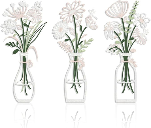3 Pieces Metal Flower Wall Art - Wordless Minimalist Floral Silhouettes in Vases, Black Rustic Farmhouse Decor for Living Room, Bedroom, Bathroom, Dining Room, Housewarming Gift(Pink -White)