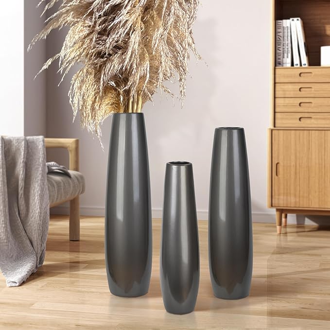 Silvery Ceramic Tall Floor Vase,28 Inch Large Modern Flower Vases for Home Décor,Wicker Big Floor Vase Decorations for Farmhouse, Living Room,Bedroom,Standing Plastic Vase Decorative Tall