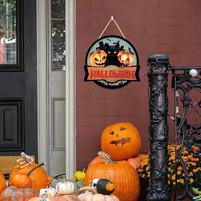 3D Halloween Door Decor Black Cat,Halloween Door Decoration,Black Cats Sign,Pumpkin Door Hanger,Horror Cross Tomb Haunted House Bat Wall Decor for Party Home Porch Yard Living Room Outdoor
