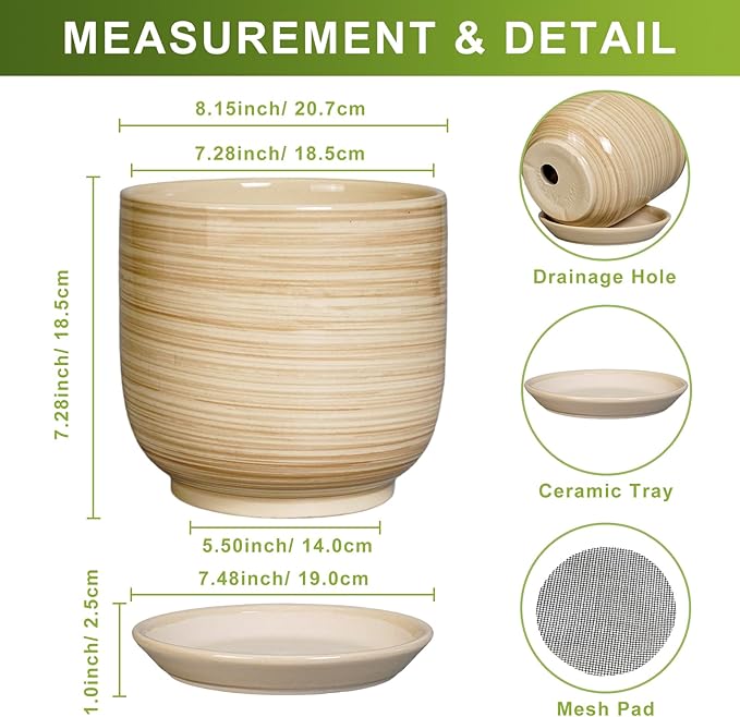 Indoor Plant Pot 8 Inch - Cylinder Modern Ceramic Planter for Indoor Outdoor Plants with Drainage Hole and Saucer, House Office Home Room Desk Decor, Yellow