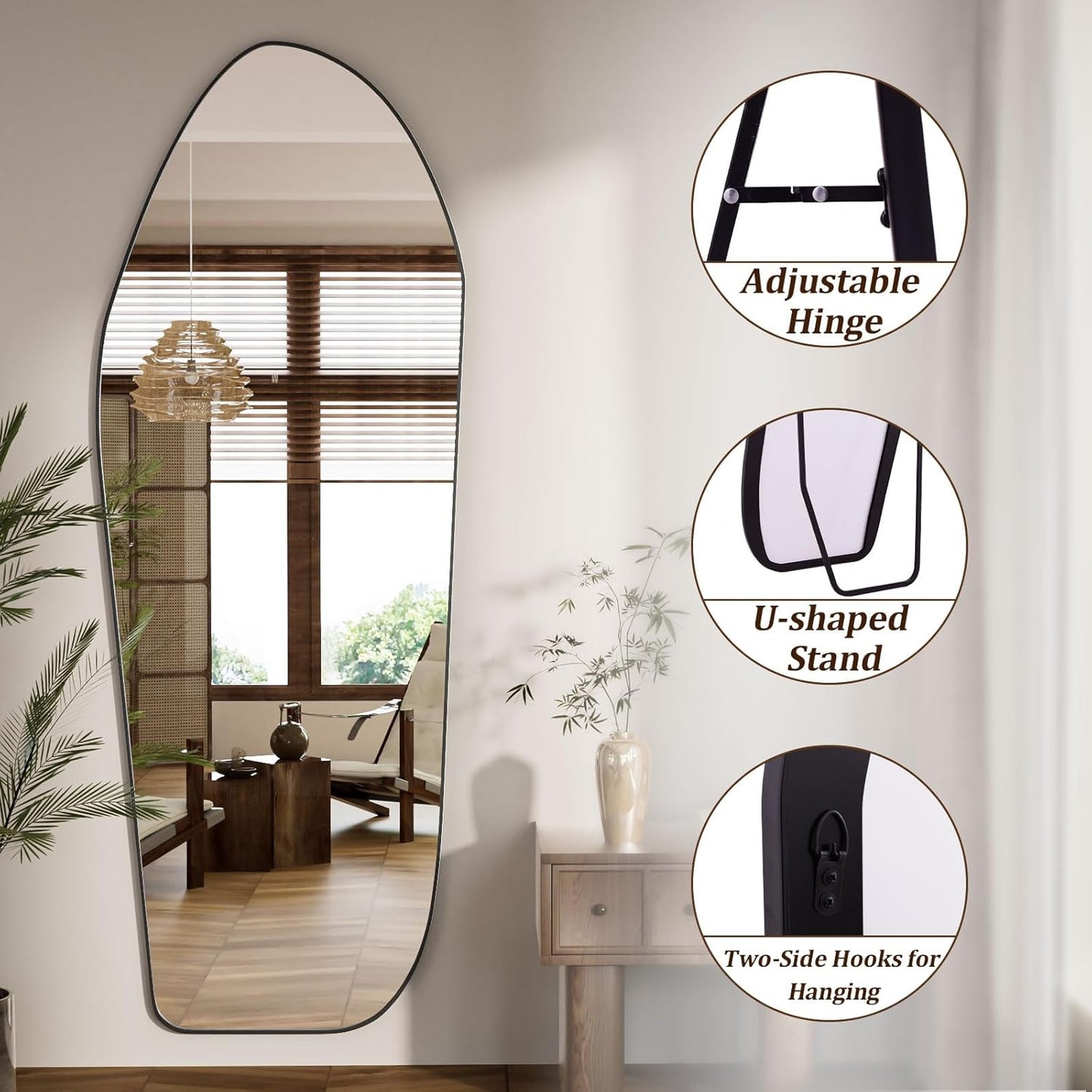 Full Length Floor Mirror - 76"x34" Aluminum Frame Irregular Diamond Shaped Standing Leaning Hanging for Bedroom Living Room Cloakroom Decor Large Mirror Black
