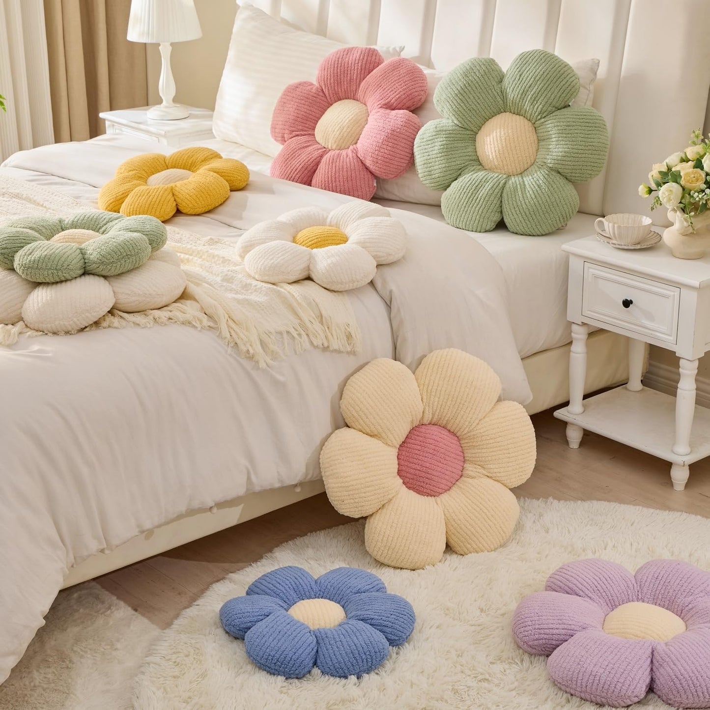 Daisy Pillow, Ivory Flower Shaped Throw Pillow Cushion, 19.6" Plush Throw Pillow for Floor & Home Decor