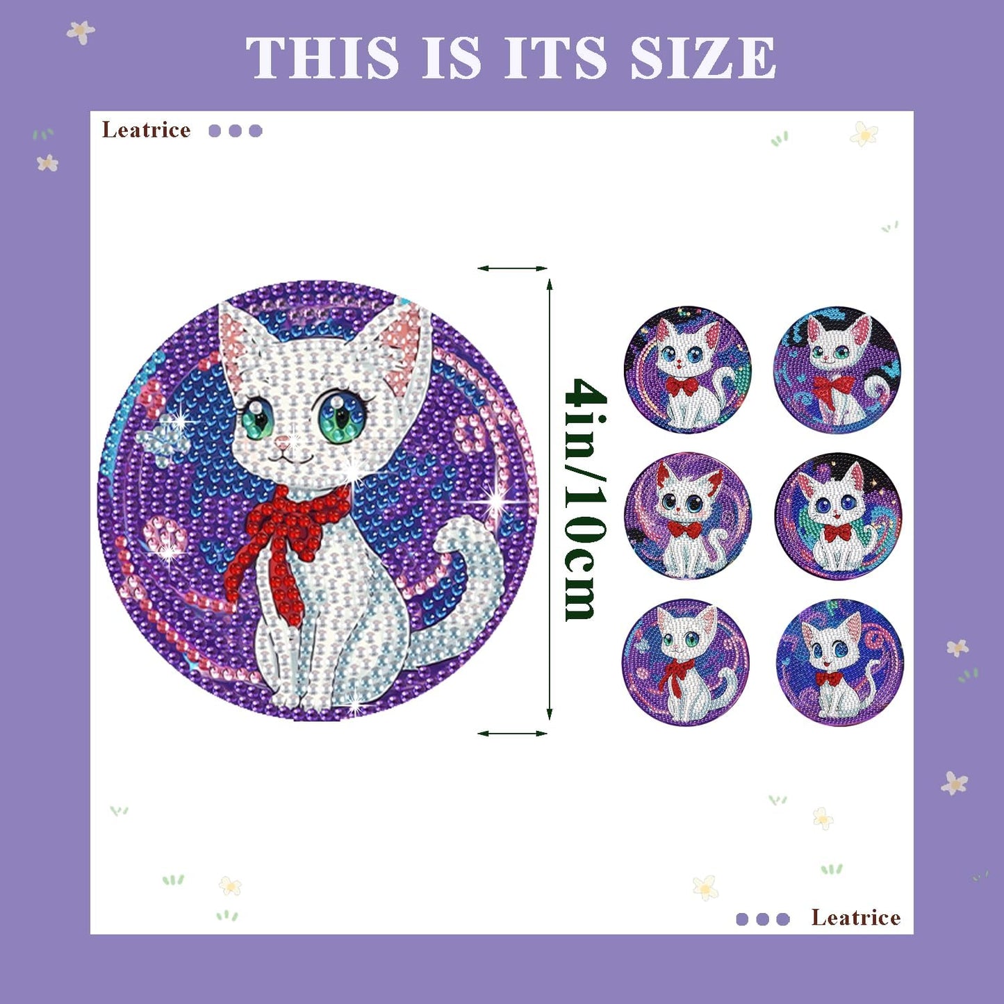 Leatrice 6PCS Cat Diamond Art Coasters Small Diamond Painting Kits for Adults Diamond Dots Round Full Drill Diamond Coasters with Holder Easy Art Crafts for Beginners Women