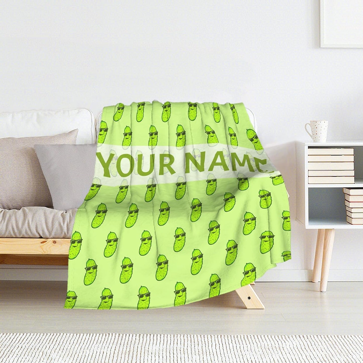 Custom Pickle Blanket for Girls - 60x80 Inches Twin Size with Name - Soft Fuzzy Plush Throws Gift - Green Funny Throw Blanket for Bed, Couch, Living Room
