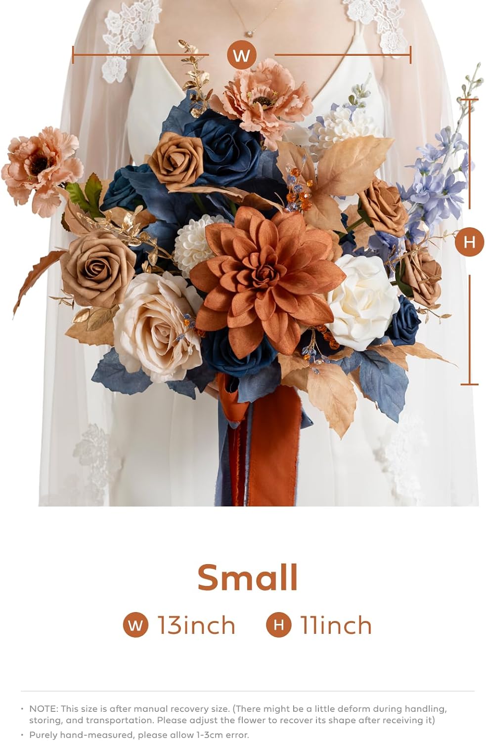 Ling's moment Blue and Orange Wedding Bouquets for Bride, Navy Orange Bridal Bouquets for Bride, 13 Inch Free Form Artificial Wedding Flowers Bouquets