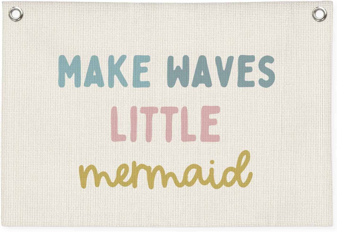 Mermaid Girls Room Decor, Ocean Room Decor Kids Wall Banner, Make Waves Little Mermaid Wall Hanging Banner Decor for Baby Nursery Little Girls Playroom Bedroom Bathroom 20x30