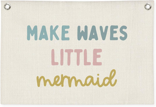 Mermaid Girls Room Decor, Ocean Room Decor Kids Wall Banner, Make Waves Little Mermaid Wall Hanging Banner Decor for Baby Nursery Little Girls Playroom Bedroom Bathroom 20x30