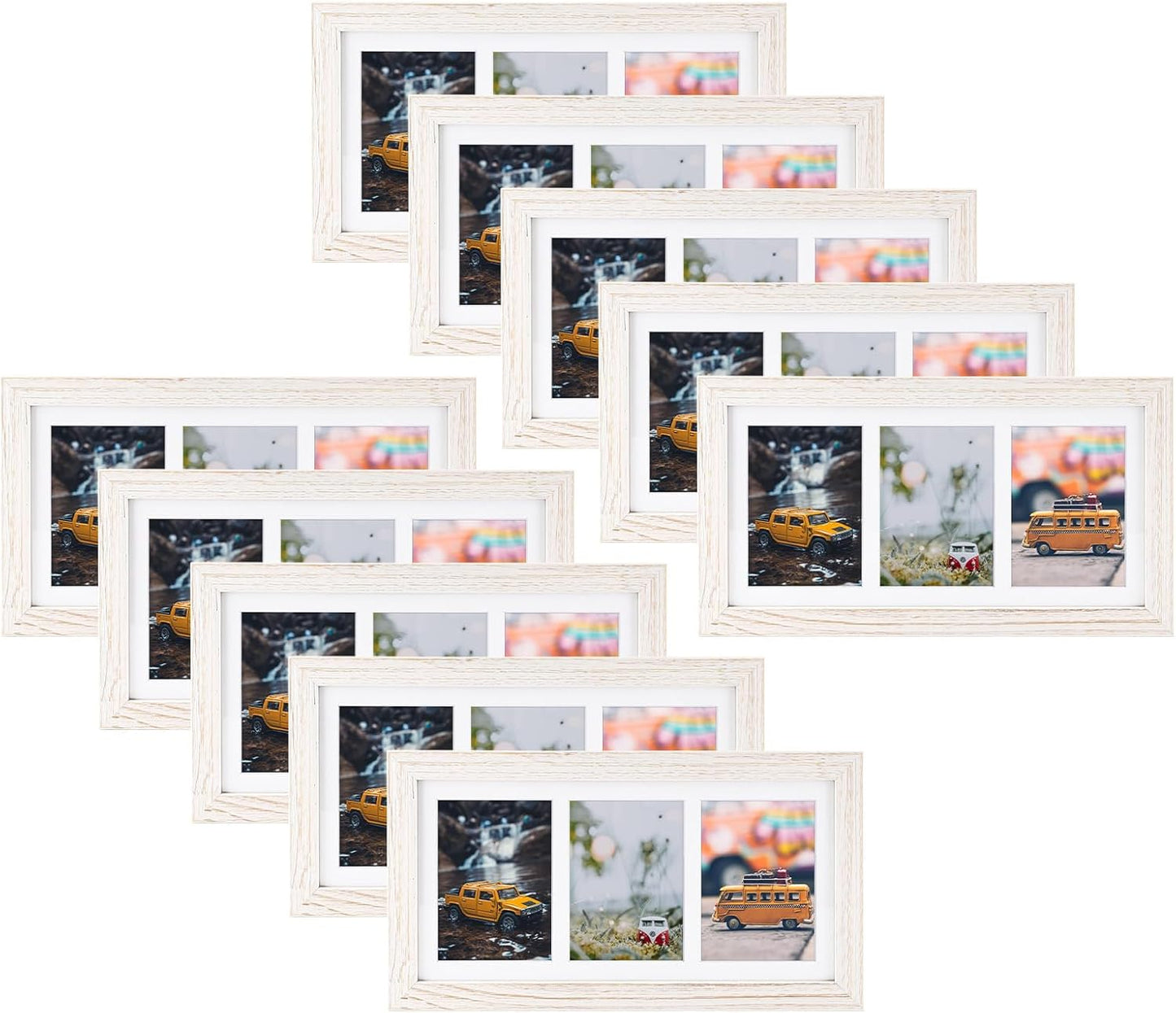 Golden State Art, Set of 10, 7x14 Distressed White Photo Wood Collage Frame with Mat Displays (3) 4"x6" Pictures
