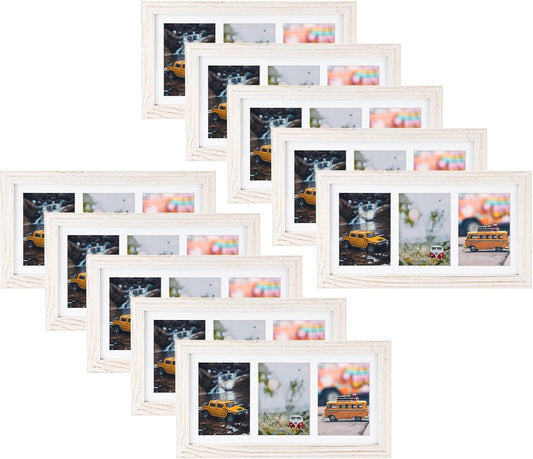 Golden State Art, Set of 10, 7x14 Distressed White Photo Wood Collage Frame with Mat Displays (3) 4"x6" Pictures