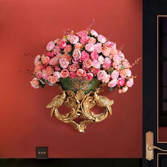 European Artificial Flowers, Luxurious Silk Faux Floral Arrangement with Medieval Gold Carved Vase for Elegant Home Decor