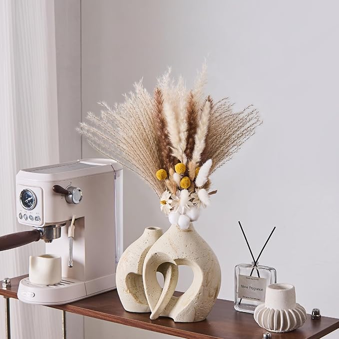 Modern Hollow Vase Set of 2 - Natural Travertine Textured Resin Vases for Flowers, Pampas Grass, Home Decor - Centerpiece for Bathroom, Entryway, Nightstand (8.5 Inches Tall, Heart Design)