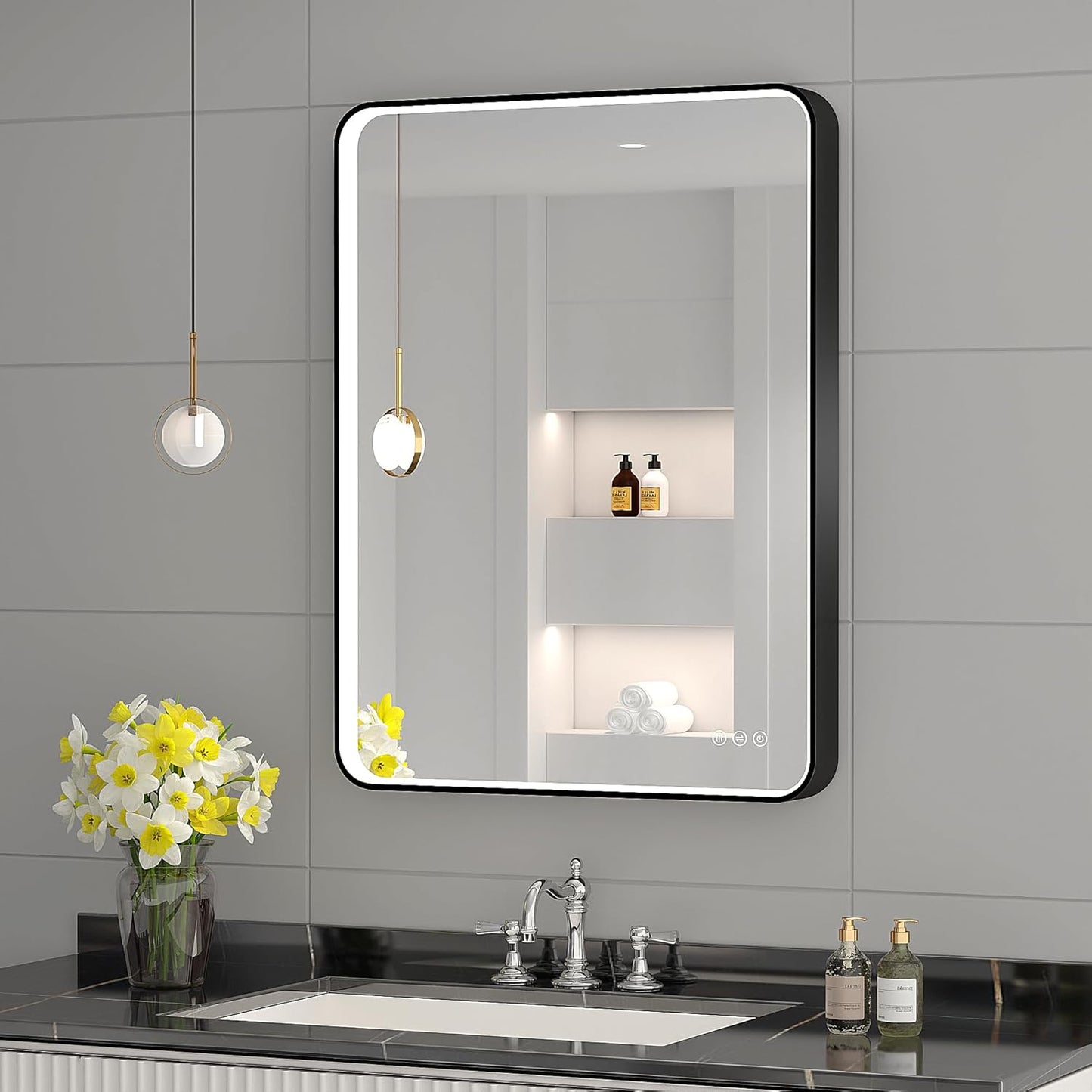 LED Mirror for Bathroom 24X32 Inch Black Framed with Anti-Fog, Stepless Dimmable, Front Lit, LED Bathroom Vanity Mirror for Wall, Memory Function, Shatter-Proof