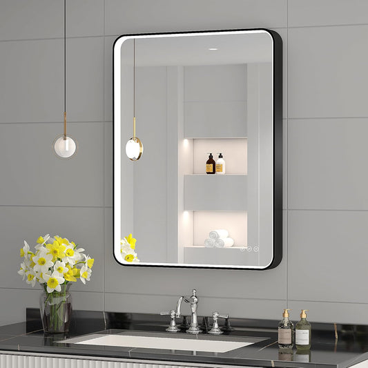 LED Mirror for Bathroom 24X32 Inch Black Framed with Anti-Fog, Stepless Dimmable, Front Lit, LED Bathroom Vanity Mirror for Wall, Memory Function, Shatter-Proof