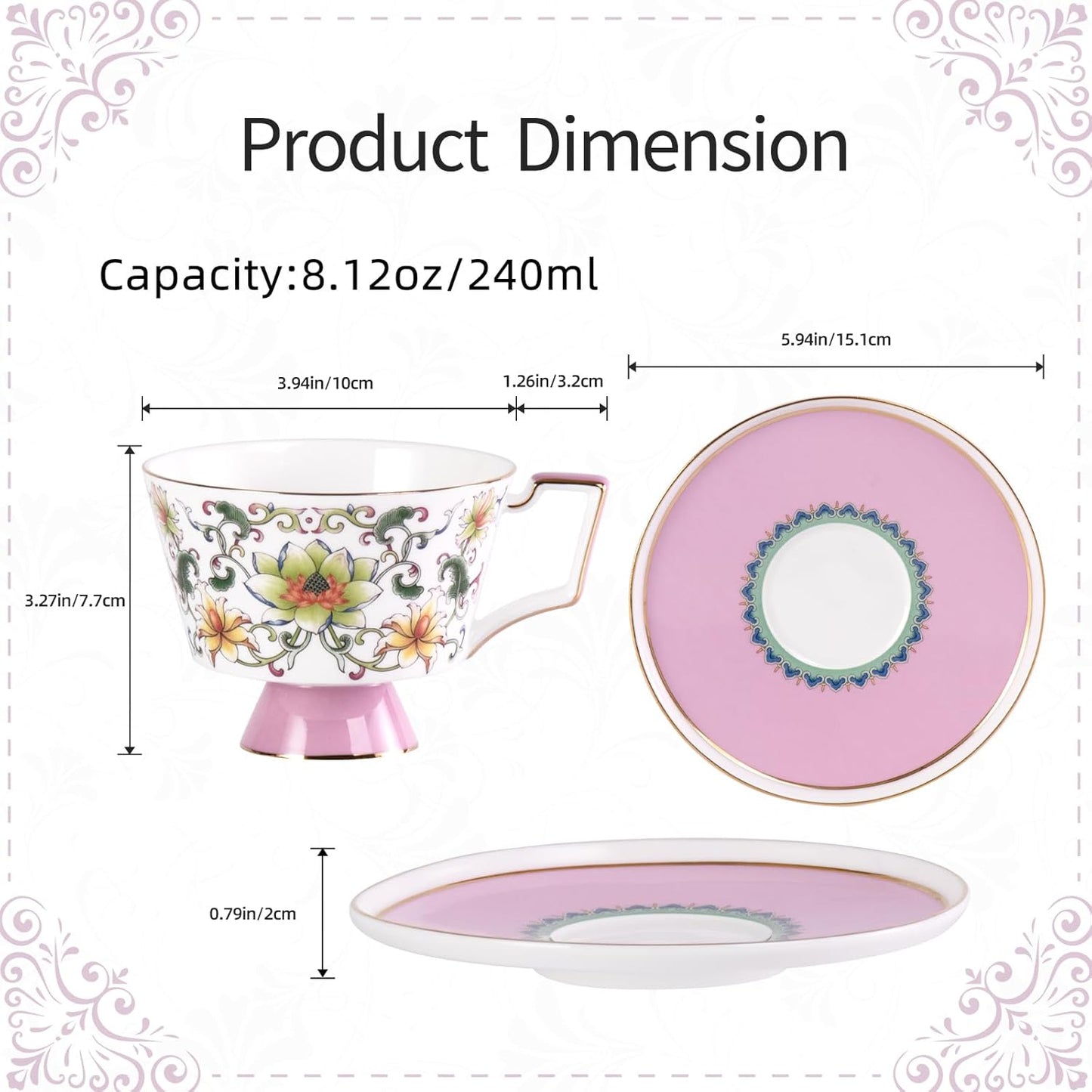 KAMMAK Ceramic Coffee Cups Saucers Set of 2, Porcelain Espresso Cups with Saucers, 8.12 oz Handcrafted Elegant Bone China Tea Cups, Lotus Floral Pattern Teacup for Party, Office, Women Gift