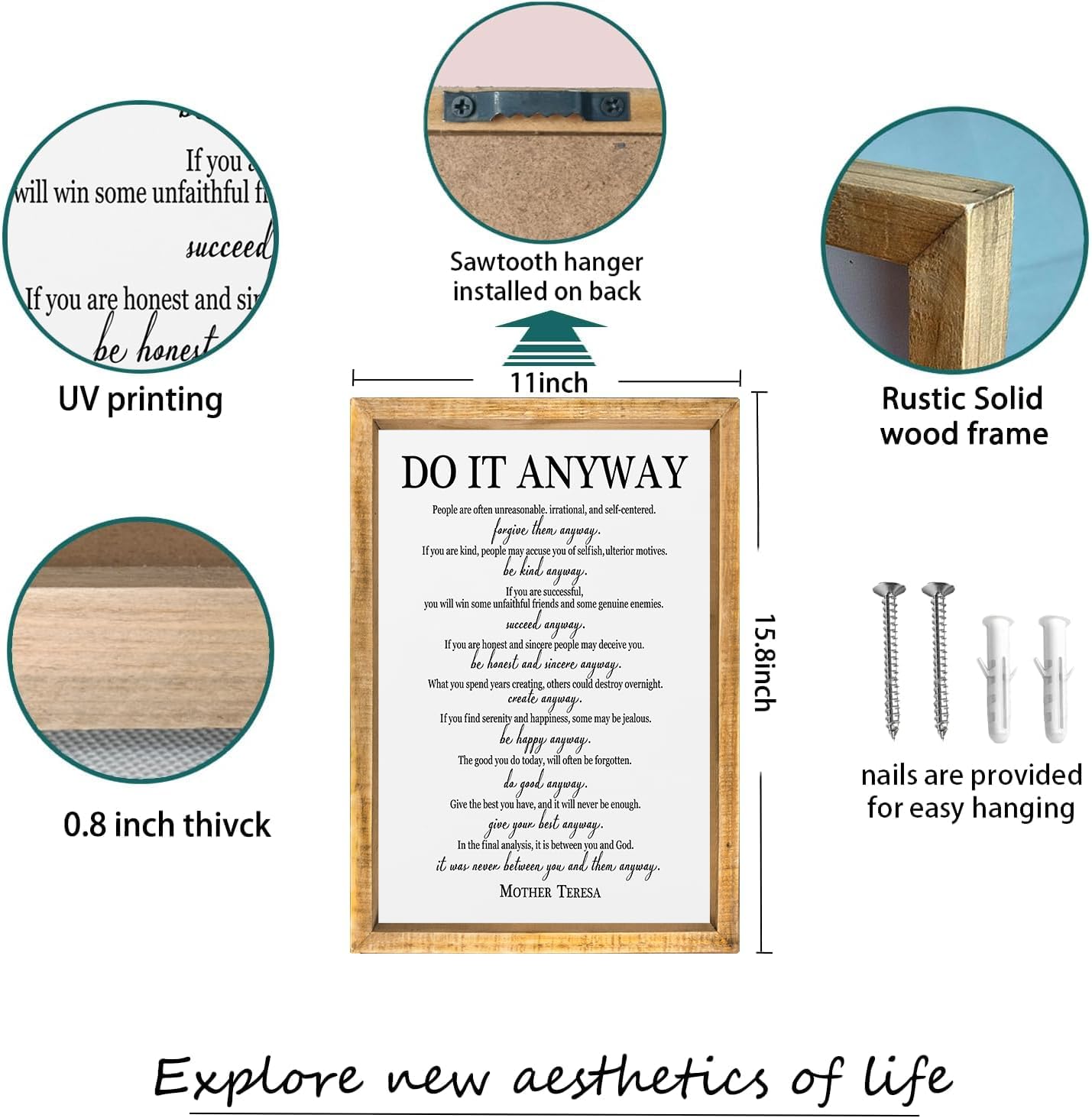 comurdyo Do It Anyway Wall Decor 16"x11" Mother Theresa Quotes Inspirational Sign Bible Verse Christian Motivational Modern Bedroom Vintage Wood Framed Farmhouse Wall Hanging Art (Wood)