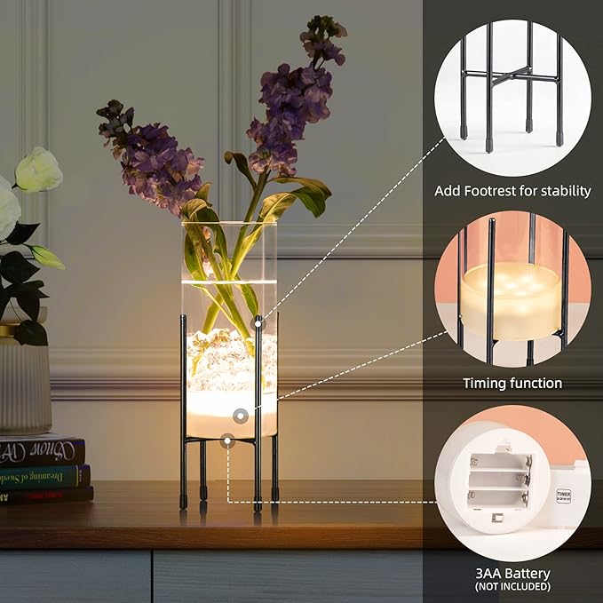 Flower Vase for Decor, for Flowers Plants, Clear Vase with Black Stand, Modern Decorative with Timer LED Lights Battery Operated,Centerpiece/Wedding/Party(Set of 2)