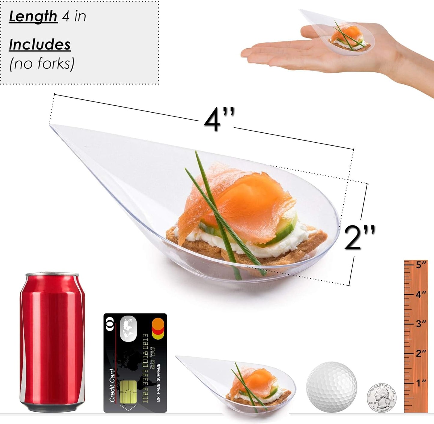 DLux 100 4-in Tear Drop Mini Appetizer Plates, Reusable Clear Plastic Spoons - Desserts and Appetizers Dishes Serving Plate - Asian Spoon Set, Small Catering Dessert Tasting Cups - with Recipe Ebook