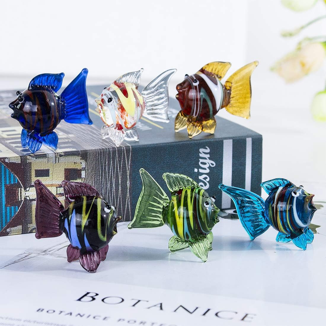 HDCRYSTALGIFTS Miniature Hand Blown Tropical Fish Figurine Art Glass Sea Animals Collection,Set of 6