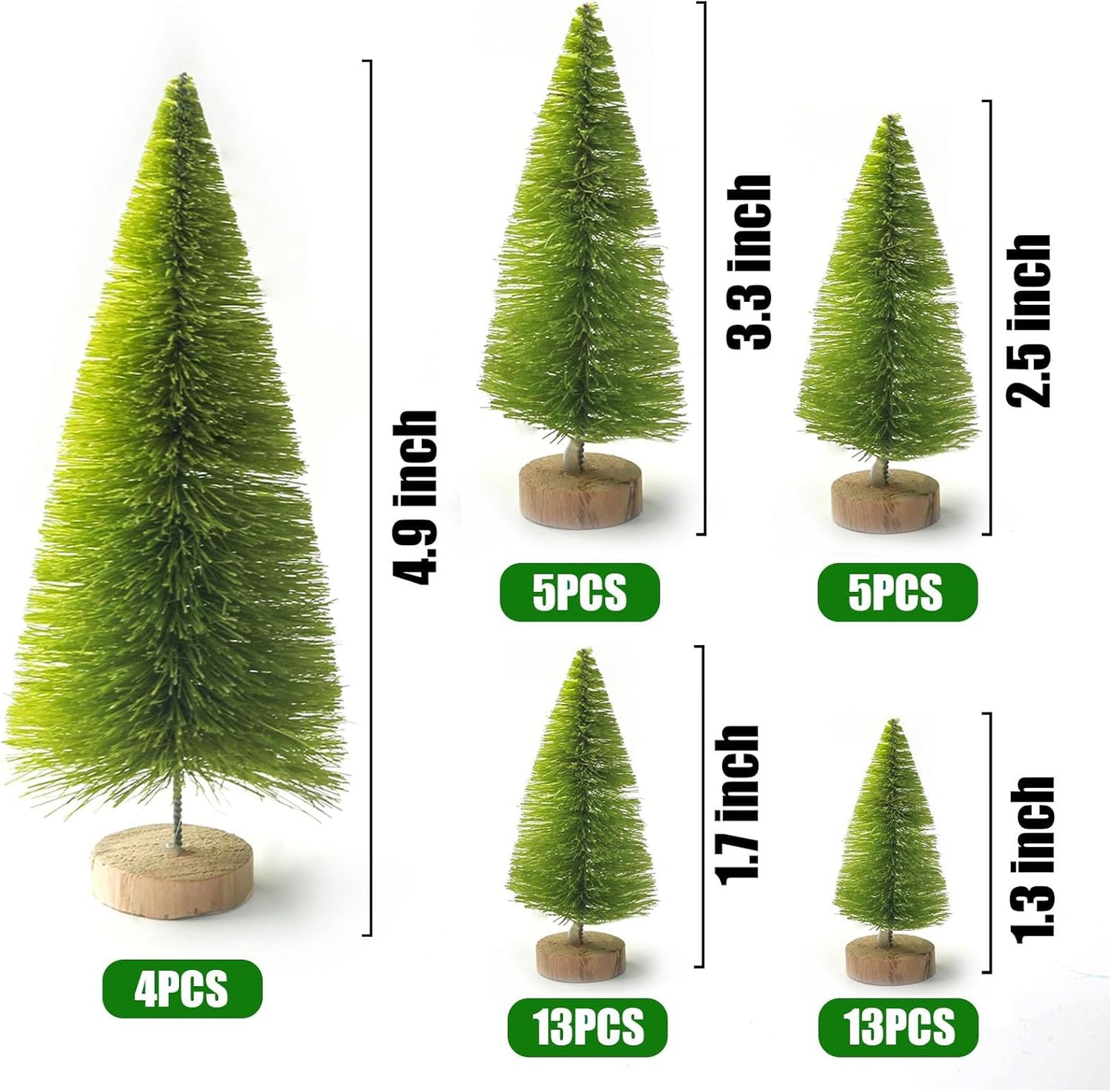 LOVEINUSA 40PCS Mini Christmas Trees, 5 Sizes Artificial Sisal Trees Bottle Brush Xmas Trees with Wooden Base for Xmas Winter Home Table Decoration