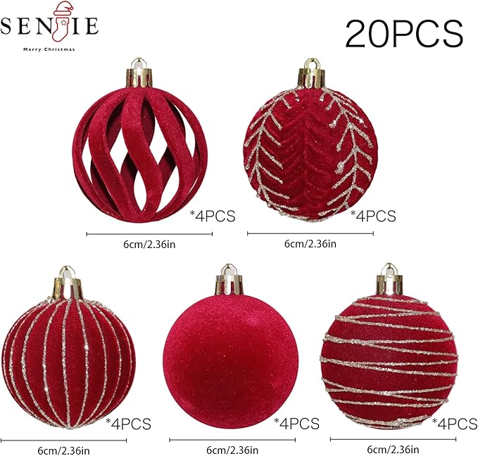20PCS Velvet Ornaments for Christmas Tree, 2.36INCH Glitter Flocked Christmas Ornaments Decorations Balls Set Decor