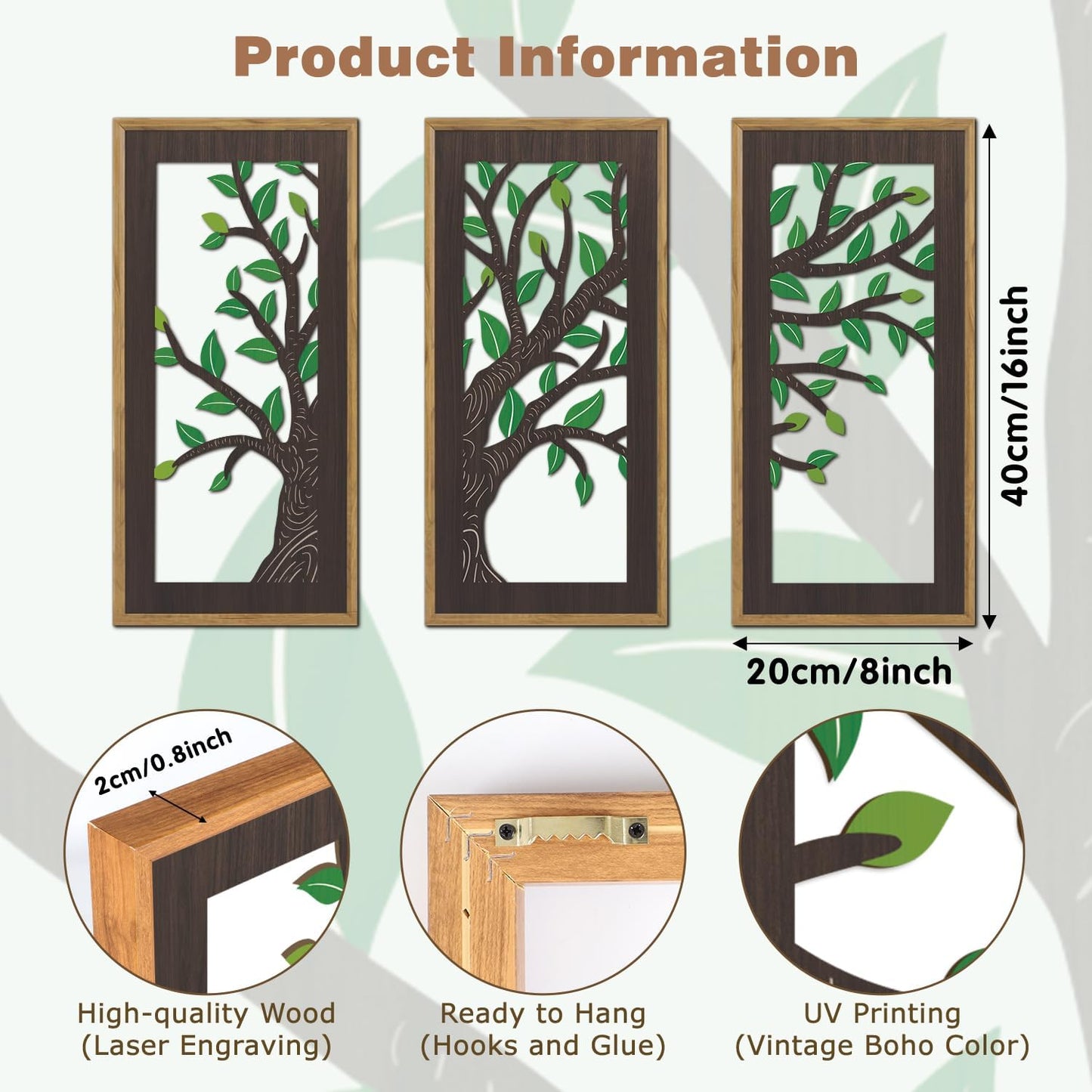 KAIRNE Wooden Tree Branch Framed Wall Art(Set of 3, 16”x8”),Abstract Tree of Life Hollow Artwork Decor,Rustic Birch Green Leaves Wood Decor,Modern Tree Farmhouse Decor for Living Room Bedroom Kitchen