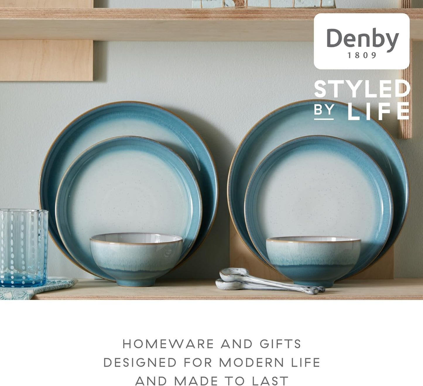Denby - Azure Haze Coupe Salad Plates Set of 6-8.25 Inch - Dishwasher Microwave Oven Safe - Lunch, Dessert Plates - Reactive Blue Teal Glaze Ceramic Stoneware Dinnerware - Scratch Chip Resistant