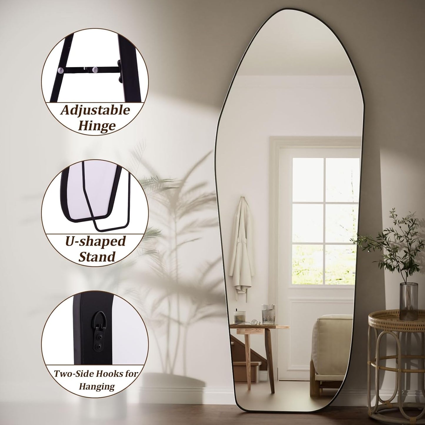 Full Length Floor Mirror - 67"x24" Aluminum Frame Irregular Mirror Diamond Shaped Standing Leaning Hanging for Bedroom Living Room Cloakroom Decor Large Mirror Black