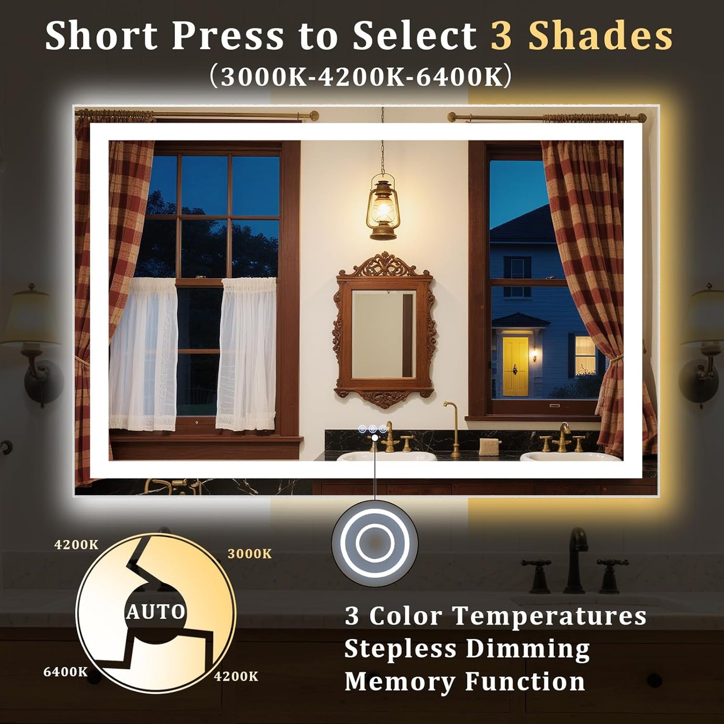 LED Bathroom Mirror with Lights, 36"x 24" Wall Mirrors with Anti-Fog, Dimmable, Backlit + Front Lit, 3 Color Modes, Memory Function Smart Mirror