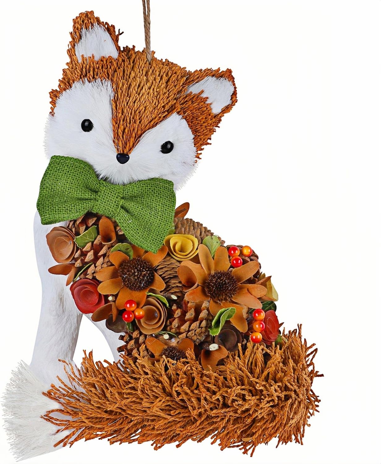 Glintoper Fall Wreath for Front Door, 14" Thanksgiving Straw Fox Figurine with Woodchip Pinecone, Hanging Harvest Autumn Gifts, Tabletop Centerpieces, Woodland Animal Home Kitchen Office Decor