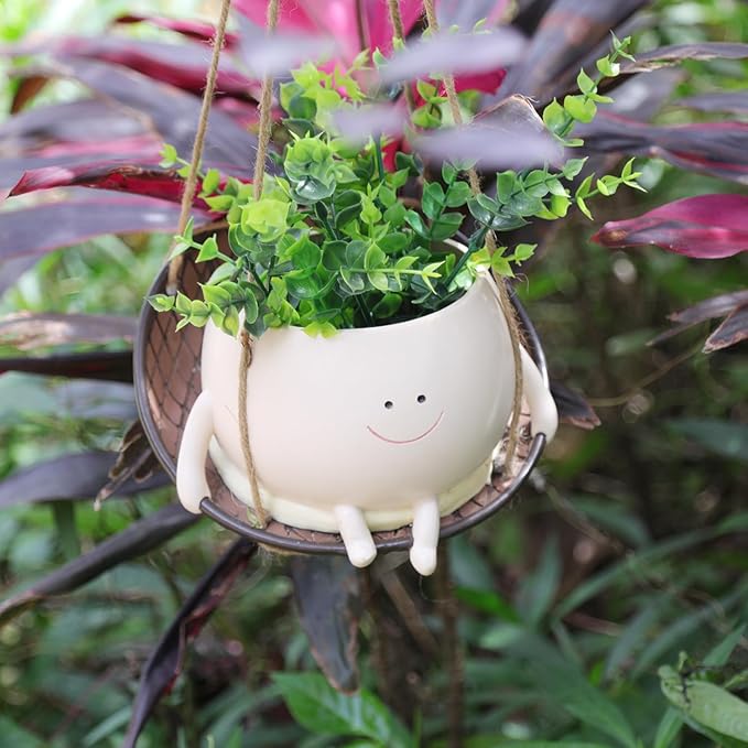 bestbear Hanging Swing Chair Planter Pot Resin Smiley Face Planter for Indoor Outdoor Plant Cute Head Flower Pots for String of Pearls Plant Live Unique IdeaI for Mother Day, Christmas (Large)
