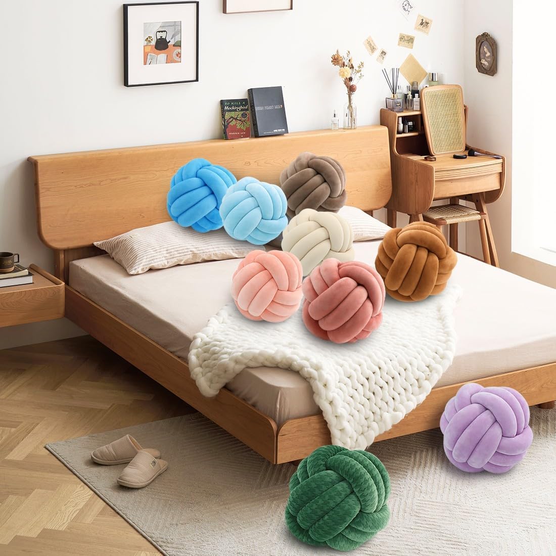 Knot Pillow Ball, Handmade Decorative Throw Pillow, Soft Round Knotted Cushion for Couch & Bedroom, Cute Home Decor, Braided Pillow for Living Room (7.87 Inches, Blush)