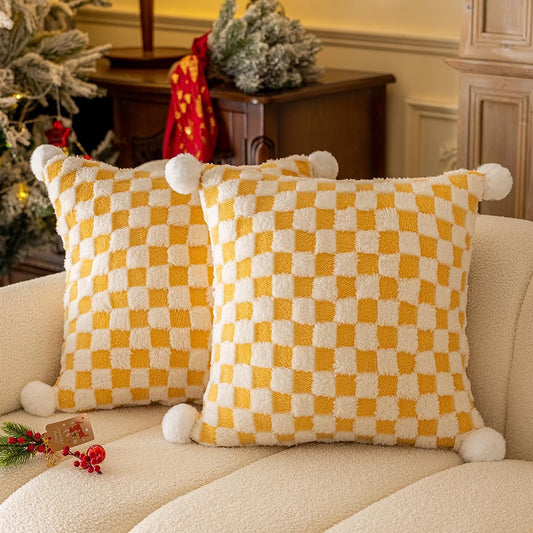 Faux Fur Plush Decorative Throw Pillow Covers with Pom Poms 18x18 Square Soft Christmas Checkered Pillow Covers for Couch Set of 2 Yellow x2