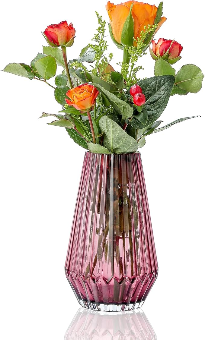 G Fusuma Red Glass Flower Vase for Table Centerpiece, High-Grade Decorative Flower Vase for Bouquets,Mantel and Shelf Display, Dining Table Centerpiece, Living Room Office Decoration, 6" Tall